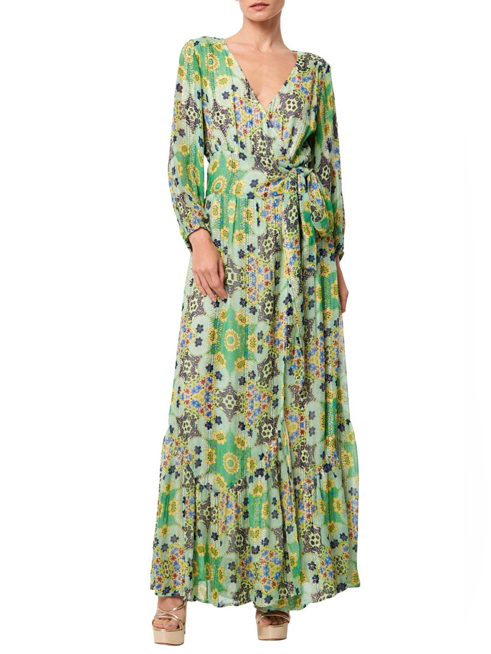 CIEBON Shani Metallic Floral Print Long Sleeve Lined Wrap Dress Size S